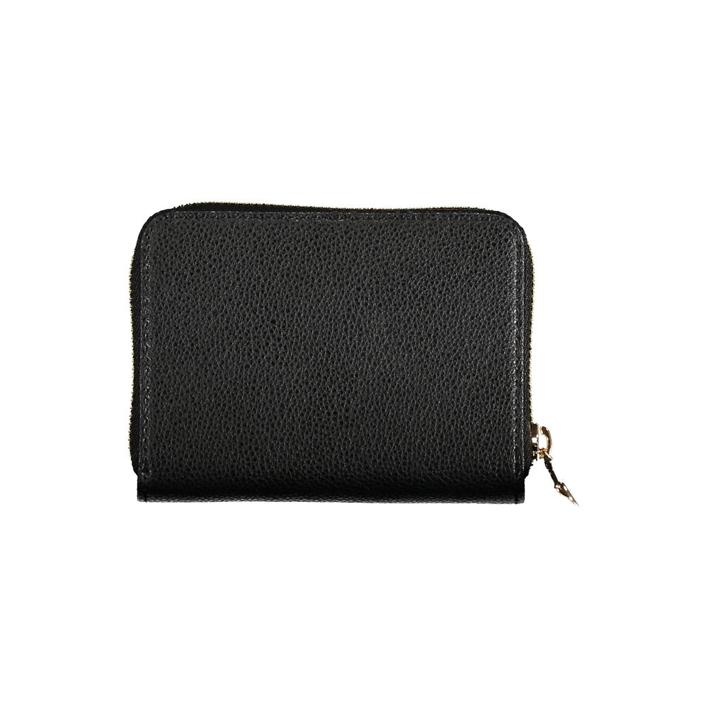 Patrizia Pepe black leather women's wallet with a sleek design and gold-tone hardware, showcasing multiple card slots and a zip coin pocket.