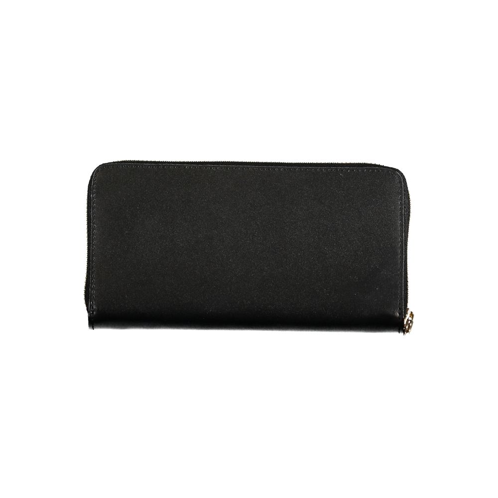 Black leather women's wallet by Patrizia Pepe, featuring a sleek design with multiple card slots and a secure zip closure.