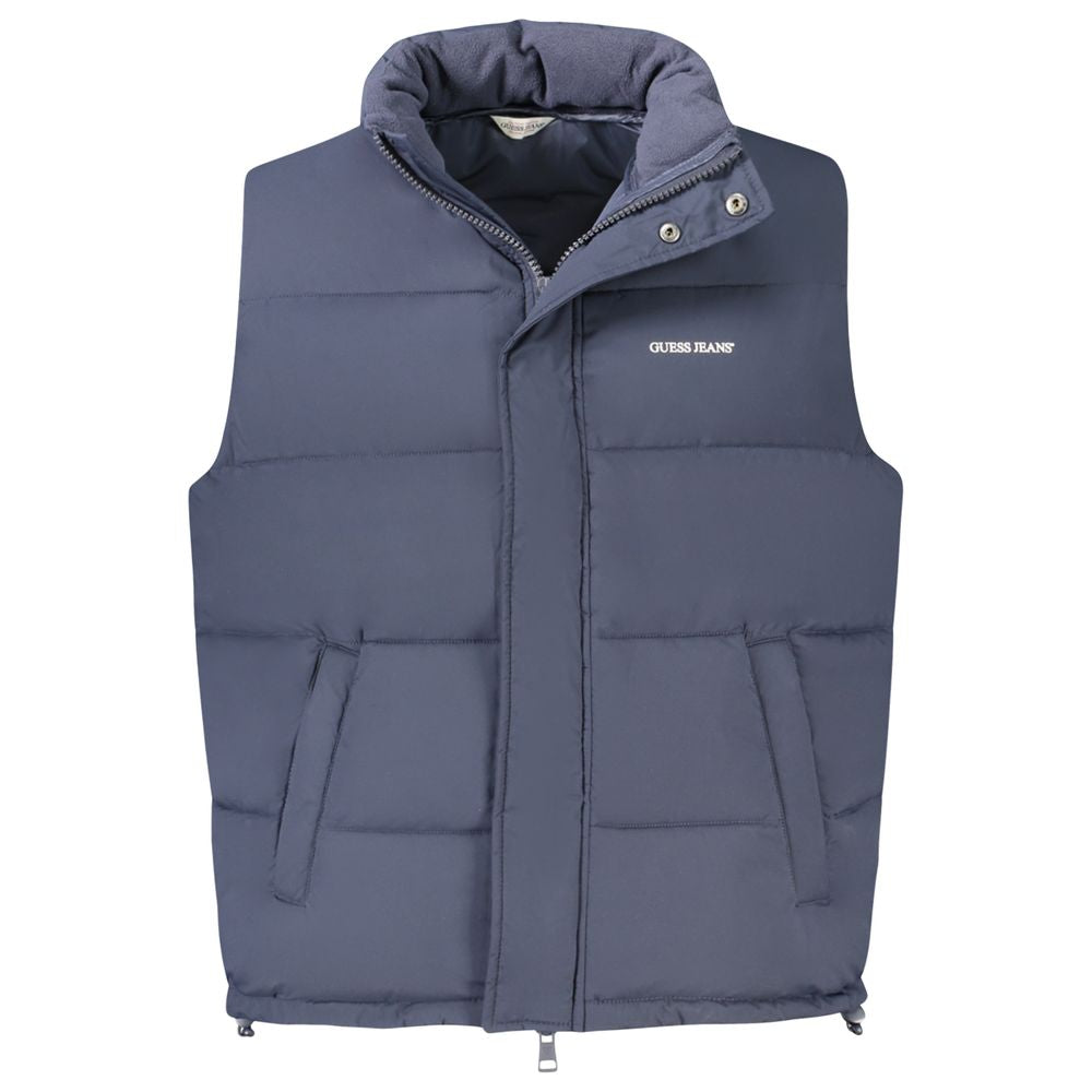 Guess Jeans men's sleeveless jacket in blue polyester, showcasing a stylish, casual design with a front zipper and sleeveless cut.