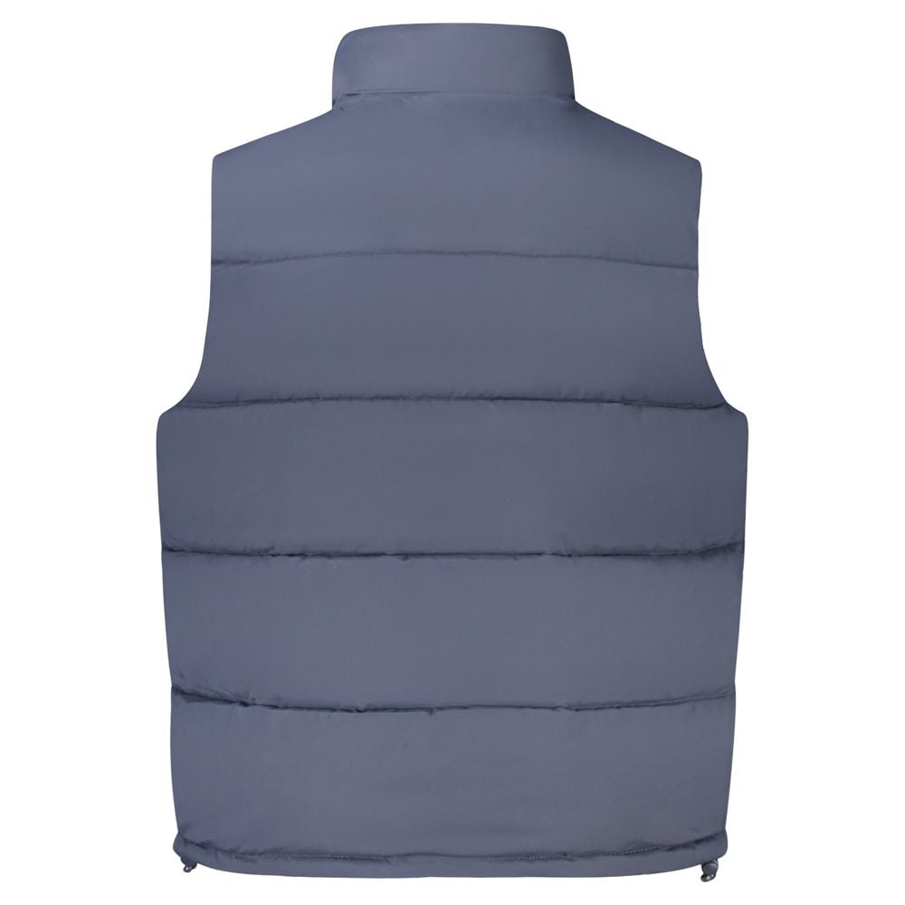 Guess Jeans men's sleeveless jacket made of blue polyester, shown in a front view with a casual fit and zip closure.