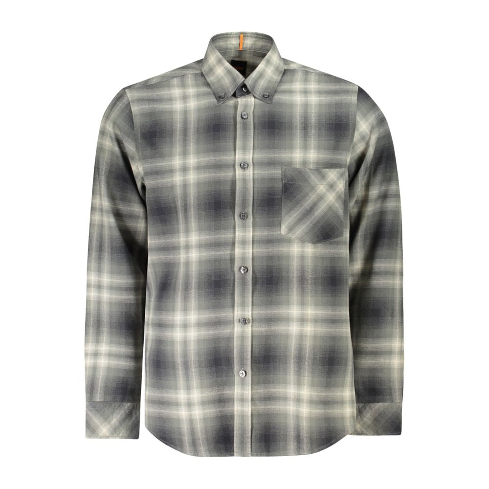 Hugo Boss Verde cotton men's shirt with a classic collar and button-down front, displayed on a hanger.