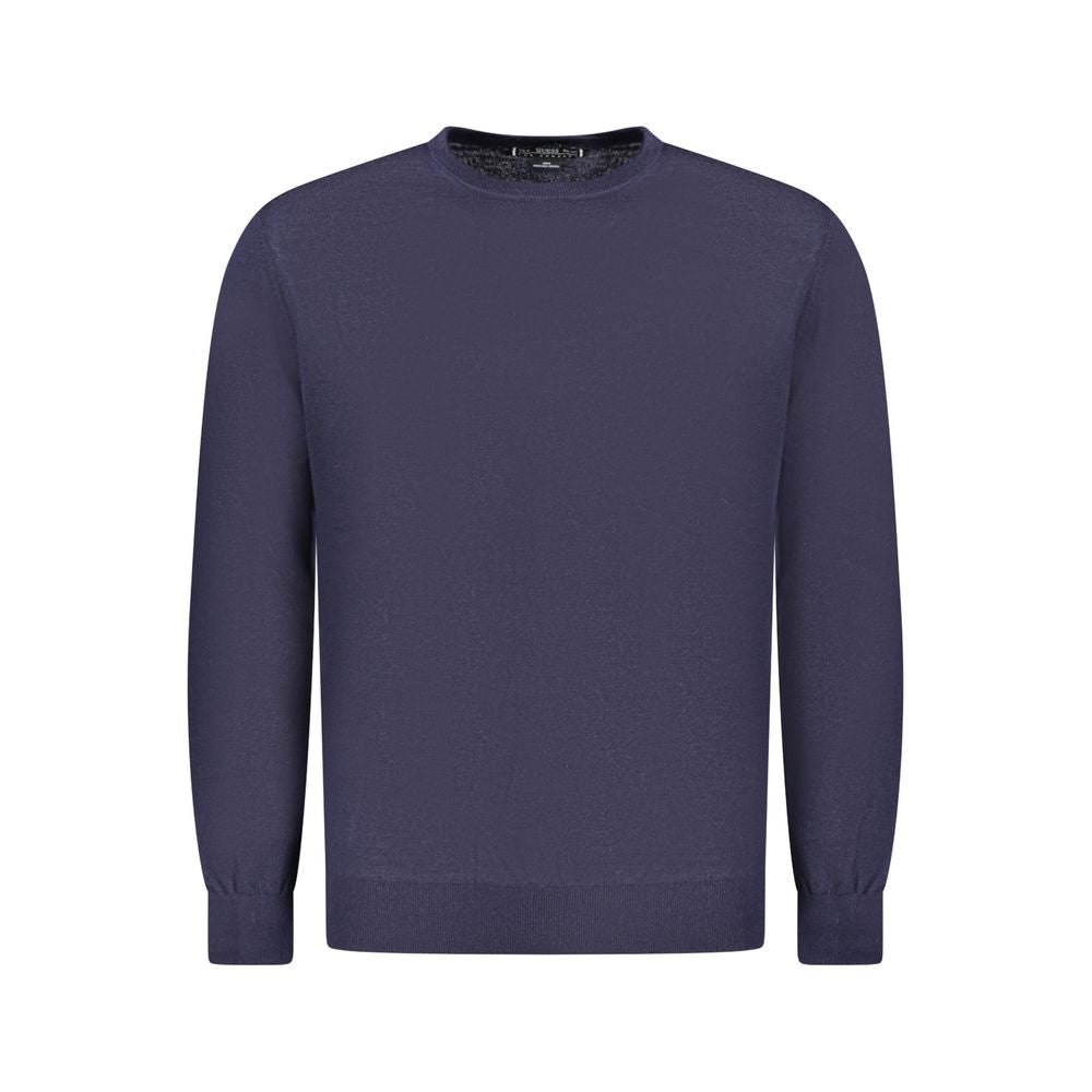 Blue Guess Jeans men's wool sweater with a classic crewneck and ribbed cuffs, perfect for casual and stylish winter wear.