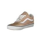 Vans beige polyester women's sneaker with white sole, casual athletic shoe, side view showing laces and classic design.