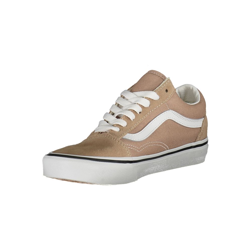 Vans beige polyester women's sneaker with white sole, casual athletic shoe, side view showing laces and classic design.