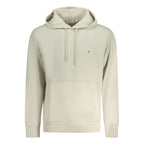 Beige Calvin Klein cotton men's hoodie with front pocket and hood, casual style, soft fabric, and minimalist design.