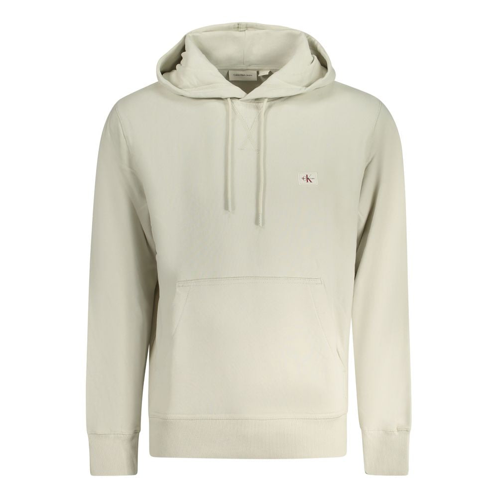 Beige Calvin Klein cotton men's hoodie with front pocket and hood, casual style, soft fabric, and minimalist design.