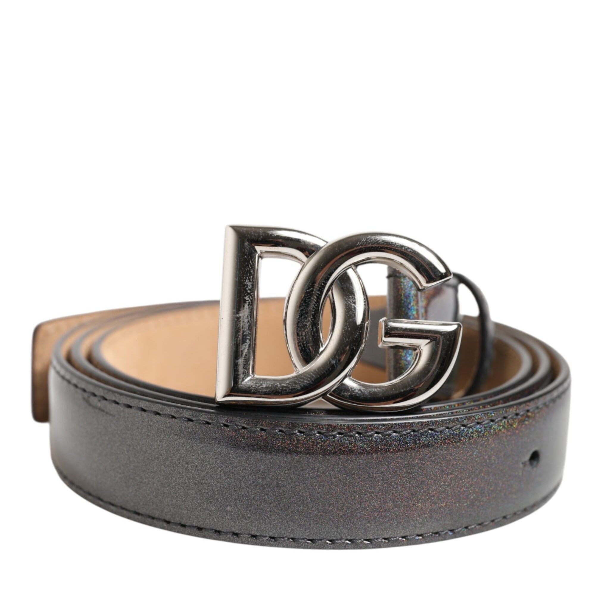 Dolce & Gabbana Metallic Leather Silver Tone Logo Buckle Belt