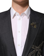 Dolce & Gabbana Dark Gray Bee Embroidery Wool Coat Blazer - Eljoys Fashion 