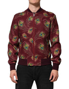 Dolce & Gabbana Maroon Peacock Feather Print Bomber Jacket - Eljoys Fashion 