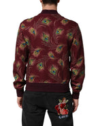Dolce & Gabbana Maroon Peacock Feather Print Bomber Jacket - Eljoys Fashion 