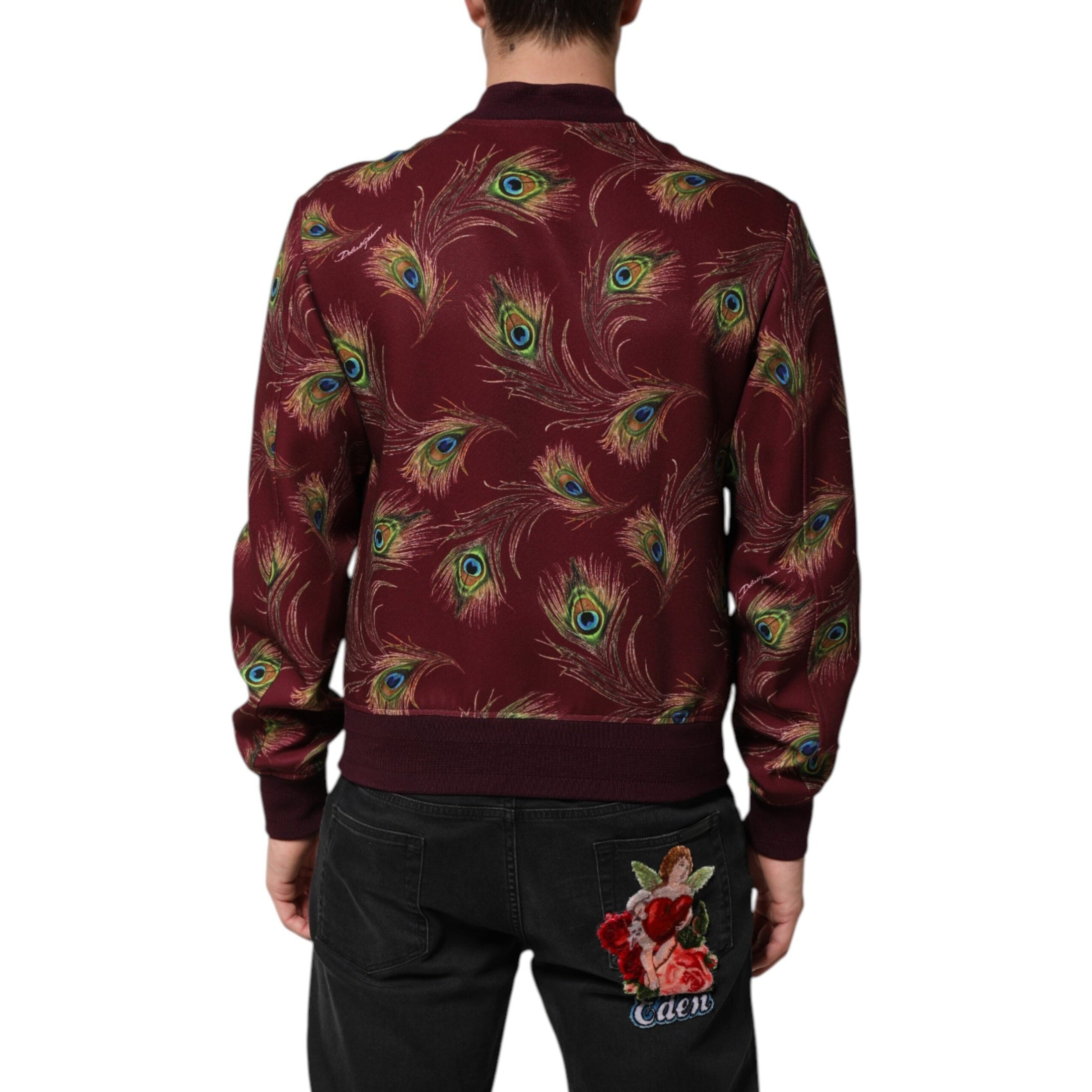 Dolce & Gabbana Maroon Peacock Feather Print Bomber Jacket
