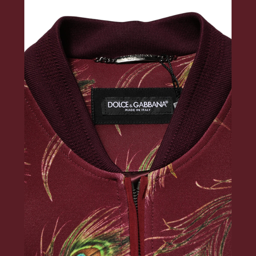 Dolce & Gabbana Maroon Peacock Feather Print Bomber Jacket