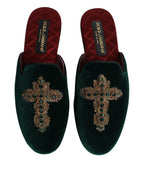 Dolce & Gabbana Green Velvet Cross Embellished Slippers Shoes - Eljoys Fashion 