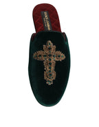 Dolce & Gabbana Green Velvet Cross Embellished Slippers Shoes - Eljoys Fashion 