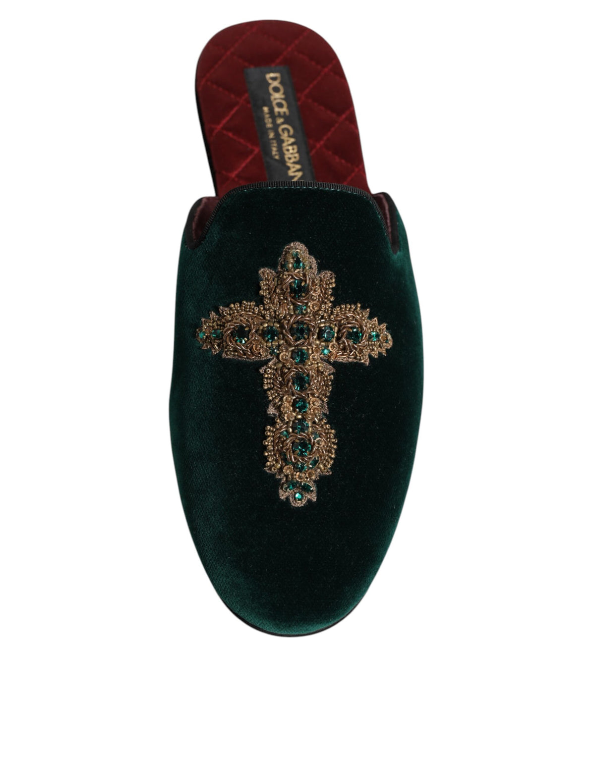 Dolce & Gabbana Green Velvet Cross Embellished Slippers Shoes - Eljoys Fashion 