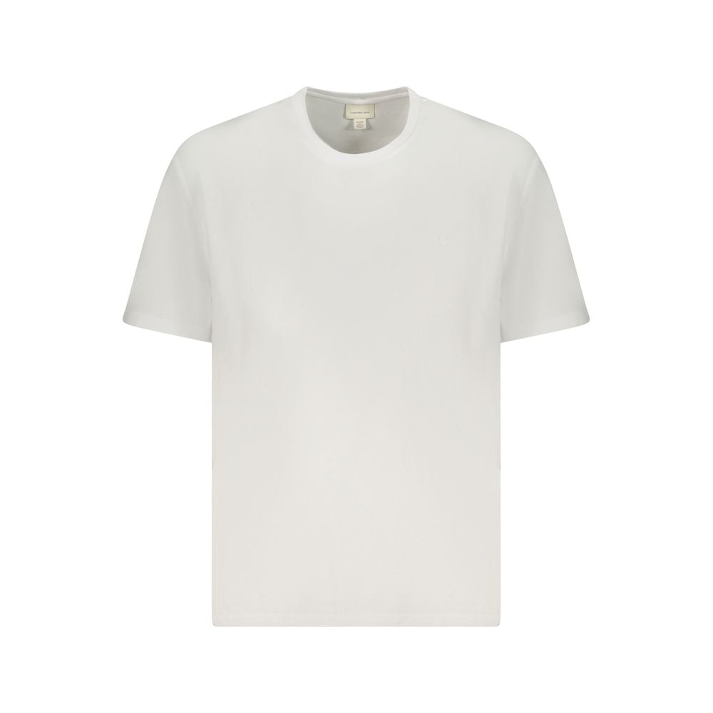 White cotton men's T-shirt by Calvin Klein displayed on a hanger, showcasing a classic fit and minimalist design.