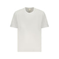 White cotton men's T-shirt by Calvin Klein displayed on a hanger, showcasing a classic fit and minimalist design.