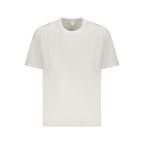 White cotton men's T-shirt by Calvin Klein displayed on a hanger, showcasing a classic fit and minimalist design.
