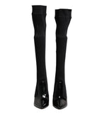 Dolce & Gabbana Black Leather Ribbed Knit Knee Boots Shoes - Eljoys Fashion 
