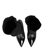 Dolce & Gabbana Black Leather Ribbed Knit Knee Boots Shoes - Eljoys Fashion 