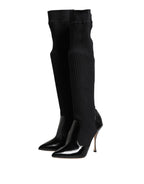 Dolce & Gabbana Black Leather Ribbed Knit Knee Boots Shoes - Eljoys Fashion 