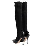Dolce & Gabbana Black Leather Ribbed Knit Knee Boots Shoes - Eljoys Fashion 