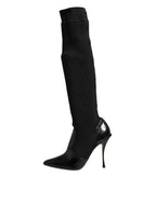 Dolce & Gabbana Black Leather Ribbed Knit Knee Boots Shoes - Eljoys Fashion 