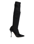 Dolce & Gabbana Black Leather Ribbed Knit Knee Boots Shoes - Eljoys Fashion 