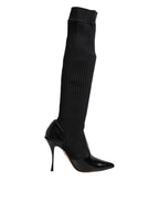 Dolce & Gabbana Black Leather Ribbed Knit Knee Boots Shoes - Eljoys Fashion 