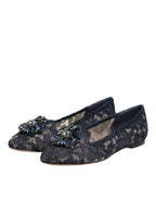 Dolce & Gabbana Blue Taormina Lace Crystals Flats Shoes - Eljoys Fashion 