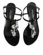 Dolce & Gabbana Black Leather Crystal Ankle Strap Sandals Shoes - Eljoys Fashion 
