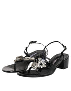 Dolce & Gabbana Black Leather Crystal Ankle Strap Sandals Shoes - Eljoys Fashion 