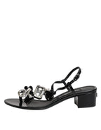 Dolce & Gabbana Black Leather Crystal Ankle Strap Sandals Shoes - Eljoys Fashion 