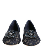 Dolce & Gabbana Blue Taormina Lace Crystals Flats Shoes - Eljoys Fashion 