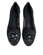 Dolce & Gabbana Blue Taormina Lace Crystals Flats Shoes - Eljoys Fashion 