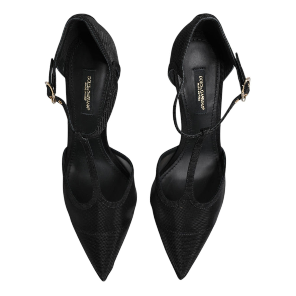 Dolce & Gabbana Black Mesh T-strap Stiletto High Heels Shoes