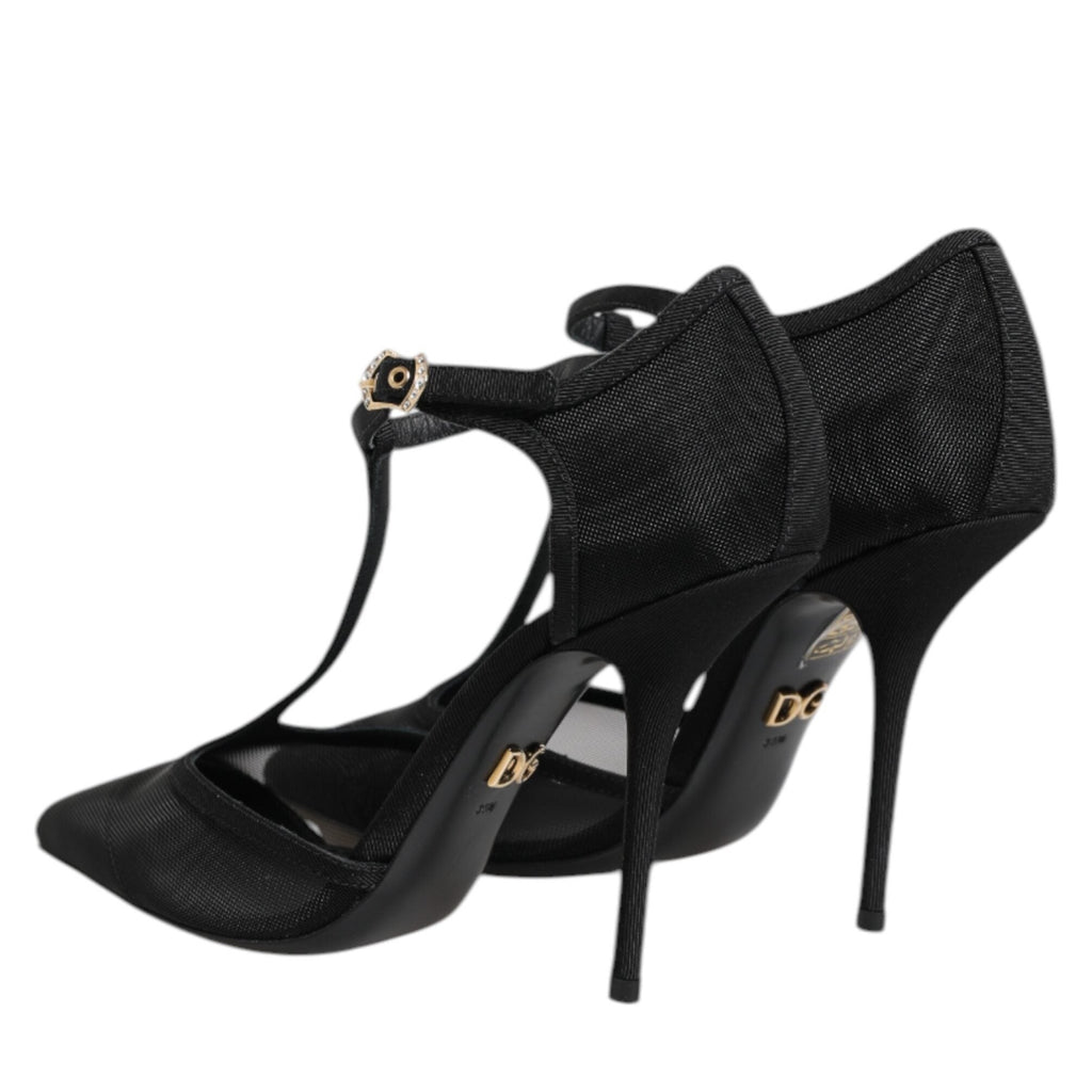 Dolce & Gabbana Black Mesh T-strap Stiletto High Heels Shoes