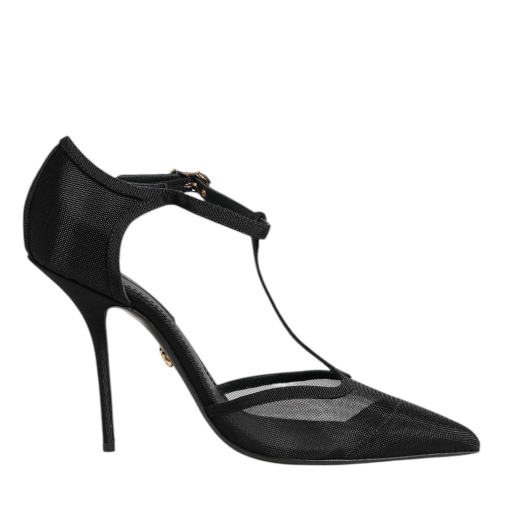 Dolce & Gabbana Black Mesh T-strap Stiletto High Heels Shoes