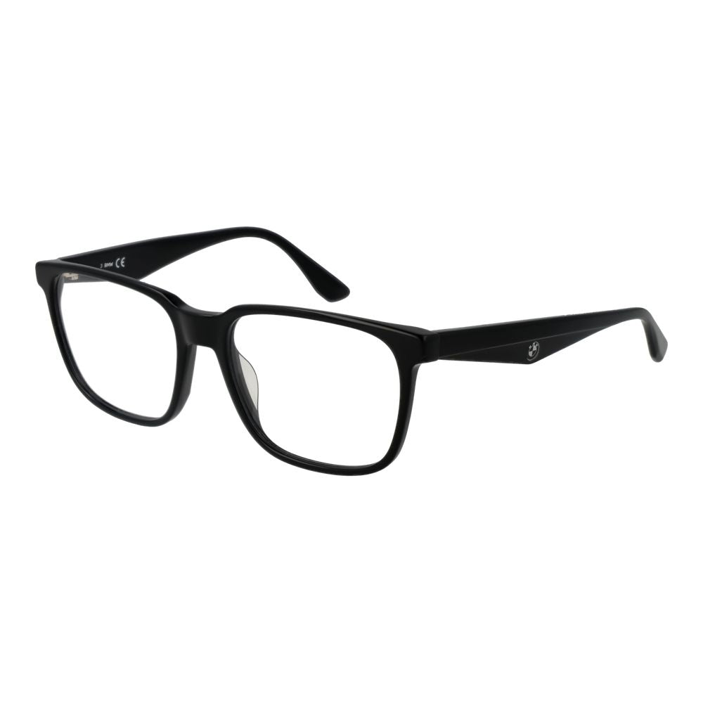 BMW black acetate eyeglass frames with sleek design and clear lenses, showcasing modern eyewear style.
