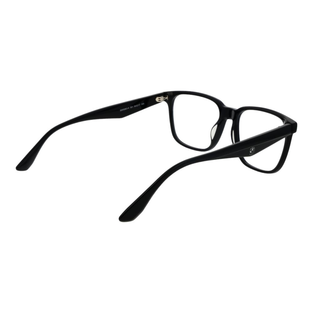 BMW black acetate glasses frames with sleek design and clear lenses, showcasing a modern and stylish eyewear accessory.