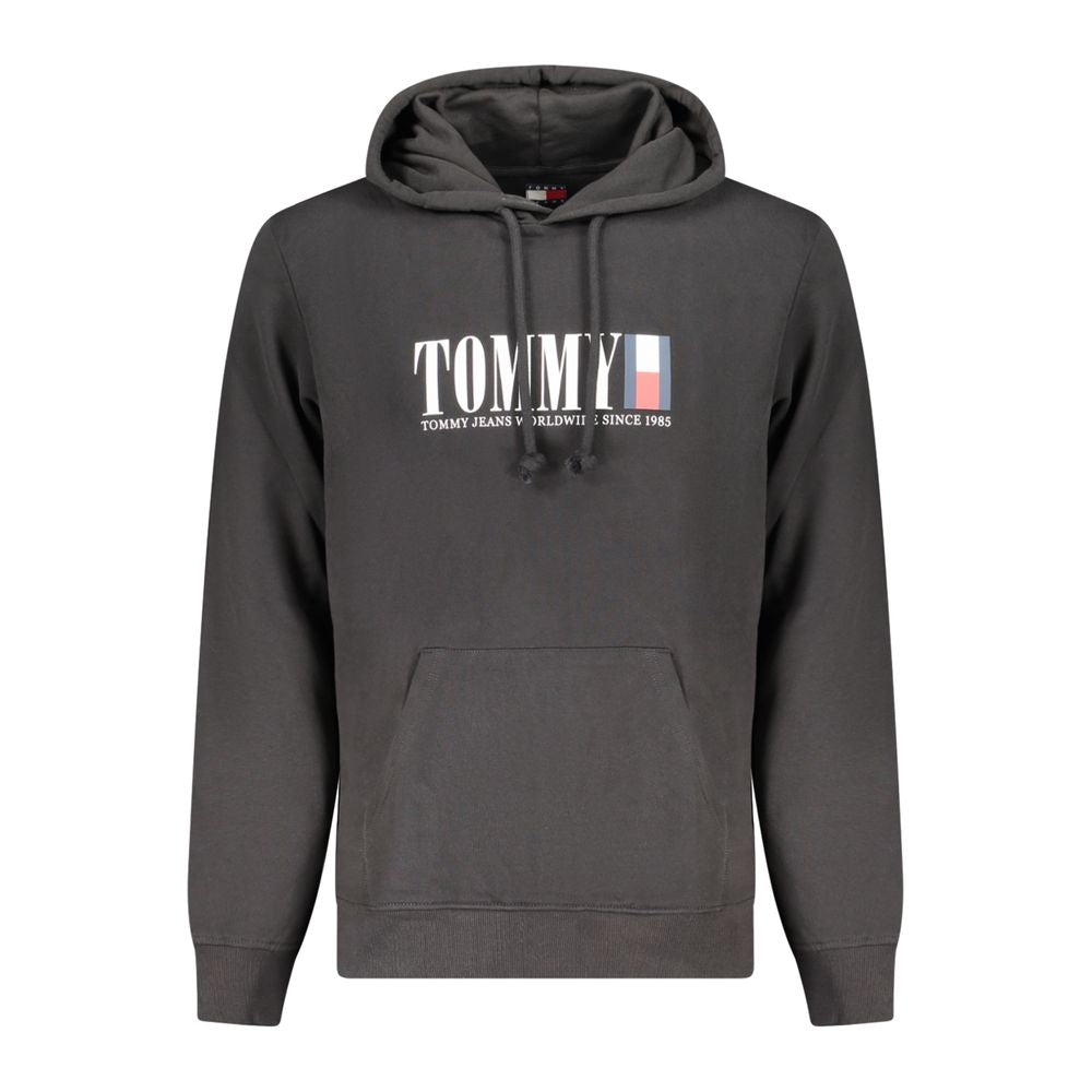 Black cotton men's hoodie by Tommy Hilfiger with front logo and drawstring hood, casual and comfortable apparel.