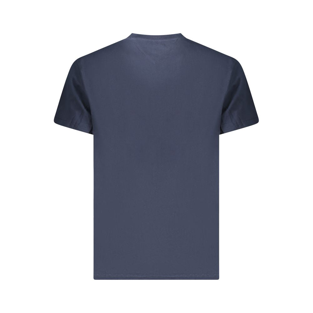 Blue cotton men's T-shirt by Tommy Hilfiger, featuring a classic fit and logo detail, displayed on a white background.