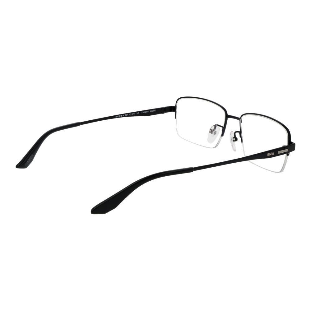 BMW black titanium glasses frames with sleek design, lightweight metal construction, and modern style.