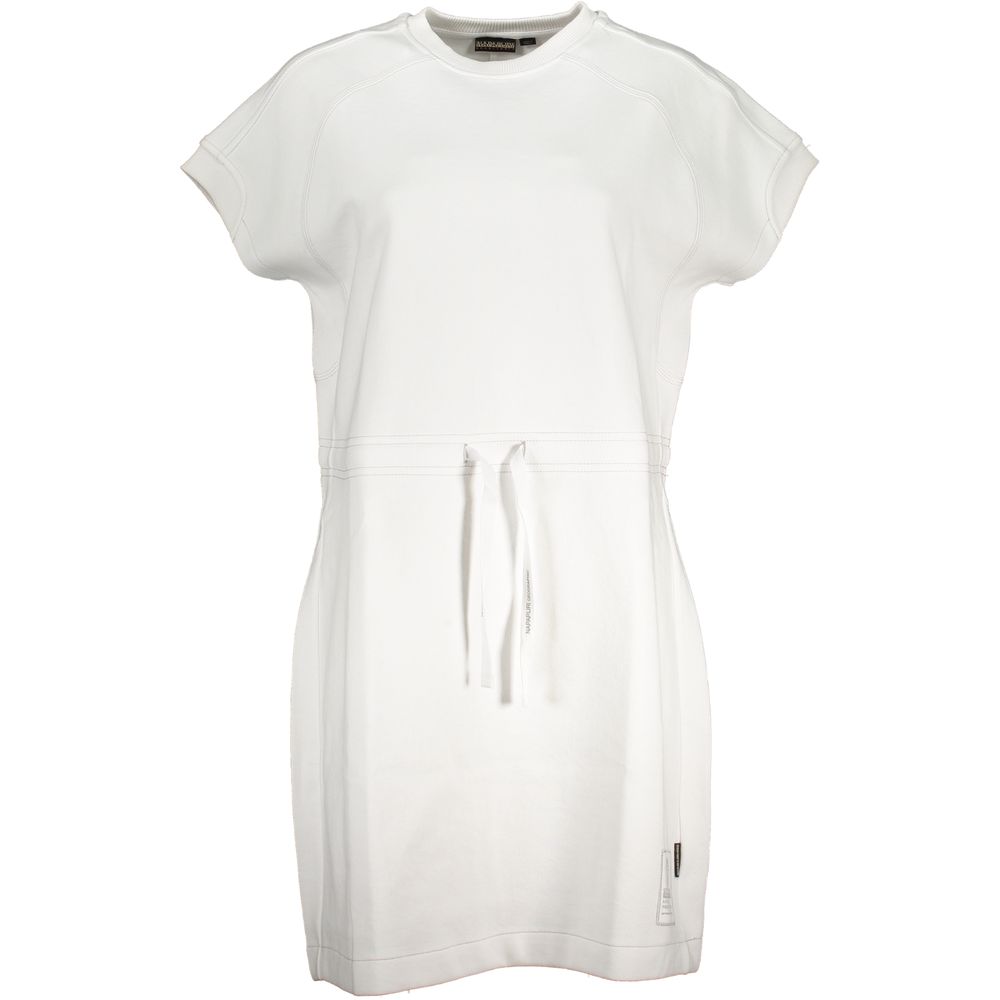 White cotton women's dress by Napapijri, featuring a casual, comfortable fit and stylish design for warm weather.