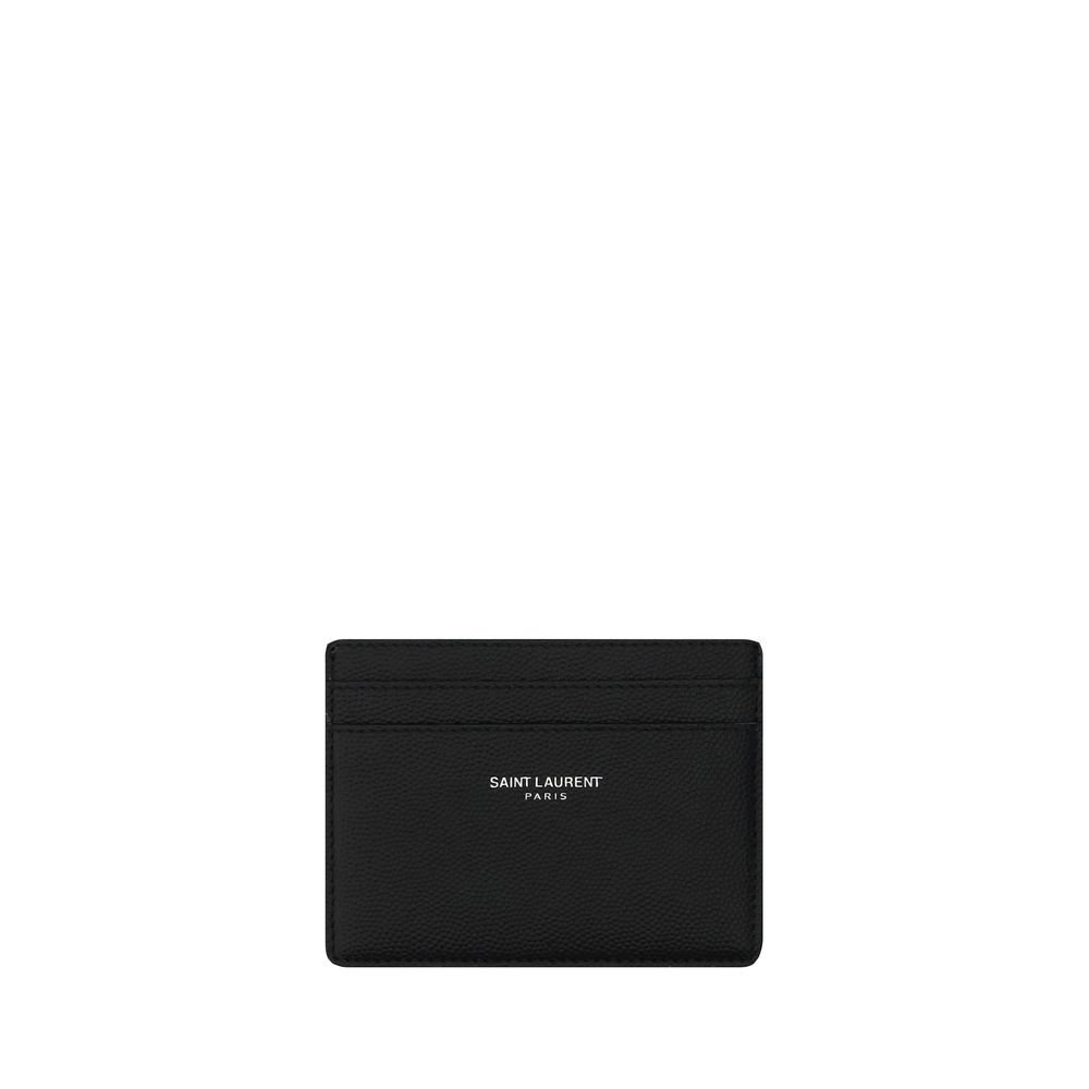 Saint Laurent black calf leather Bos Taurus wallet with sleek design and subtle branding, featuring multiple card slots and a compact shape.