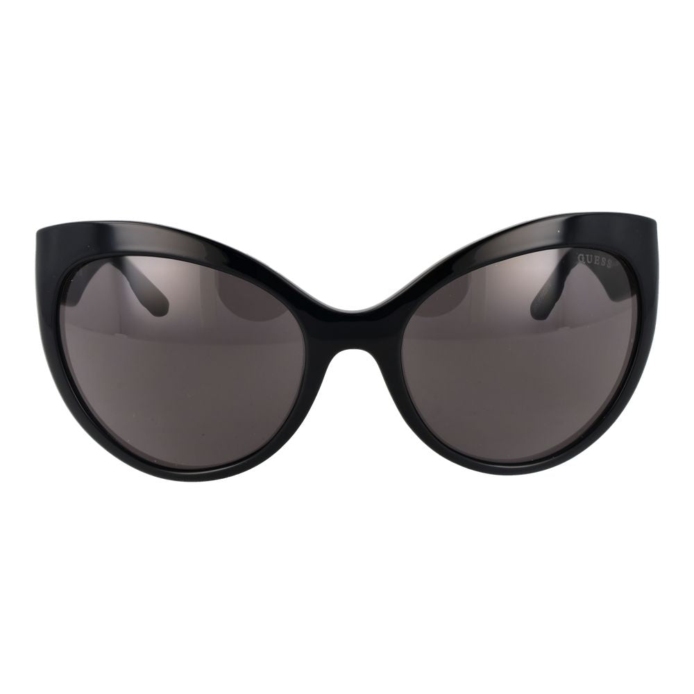 Black plastic Guess sunglasses with a sleek design, featuring dark lenses and bold frames for a stylish look.
