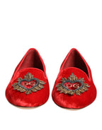 Dolce & Gabbana Red Velvet DG Heart Loafers Flats Shoes - Eljoys Fashion 