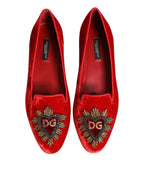 Dolce & Gabbana Red Velvet DG Heart Loafers Flats Shoes - Eljoys Fashion 
