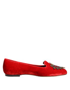 Dolce & Gabbana Red Velvet DG Heart Loafers Flats Shoes - Eljoys Fashion 