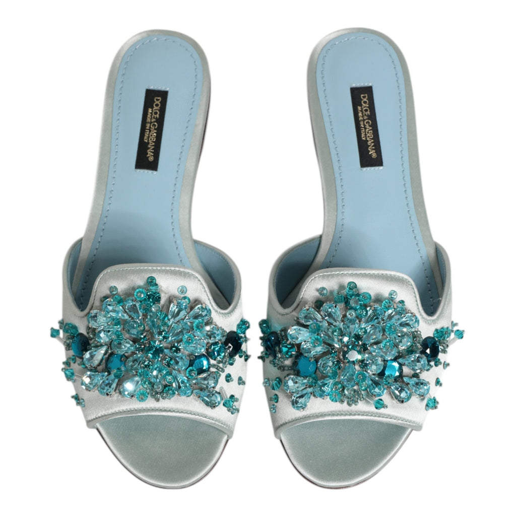 Dolce & Gabbana Silver Blue Leather Bead Embellish Slide Shoes